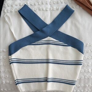 Aritzia Babaton Striped Knit Crossback Crop Top - Blue & White
